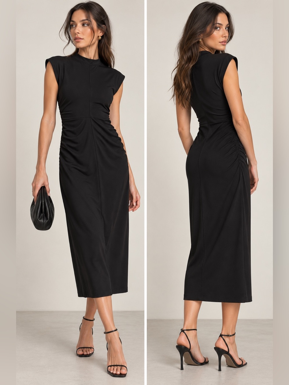 Nation LTD Neva Midi Dress in Black - Ruched Side Detail